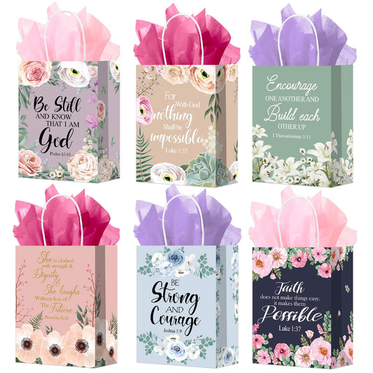 24Pcs Religious Christian Gift Bags Spring Classic Bible Verse Floral Paper Bags Inspirational Motivational Flower Treat Bag with Tissues Christian Church Gifts for Women Wedding Baptism Birthday Part