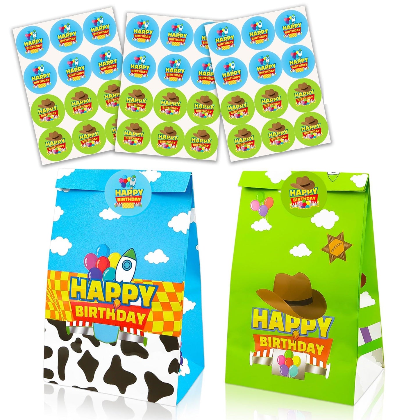 CHENRINDECO 32Pcs Cartoon Story Theme Gift Paper Bags with Stickers, Blue Sky White Clouds Small Rocket Party Candy Bags, Suitable for Cartoon Party Supplies