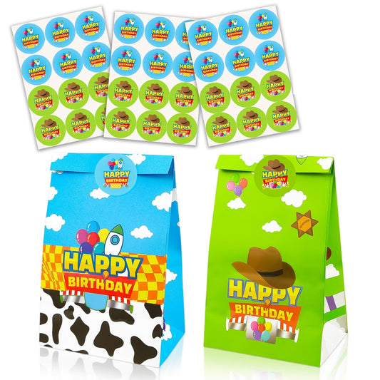 CHENRINDECO 32Pcs Cartoon Story Theme Gift Paper Bags with Stickers, Blue Sky White Clouds Small Rocket Party Candy Bags, Suitable for Cartoon Party Supplies