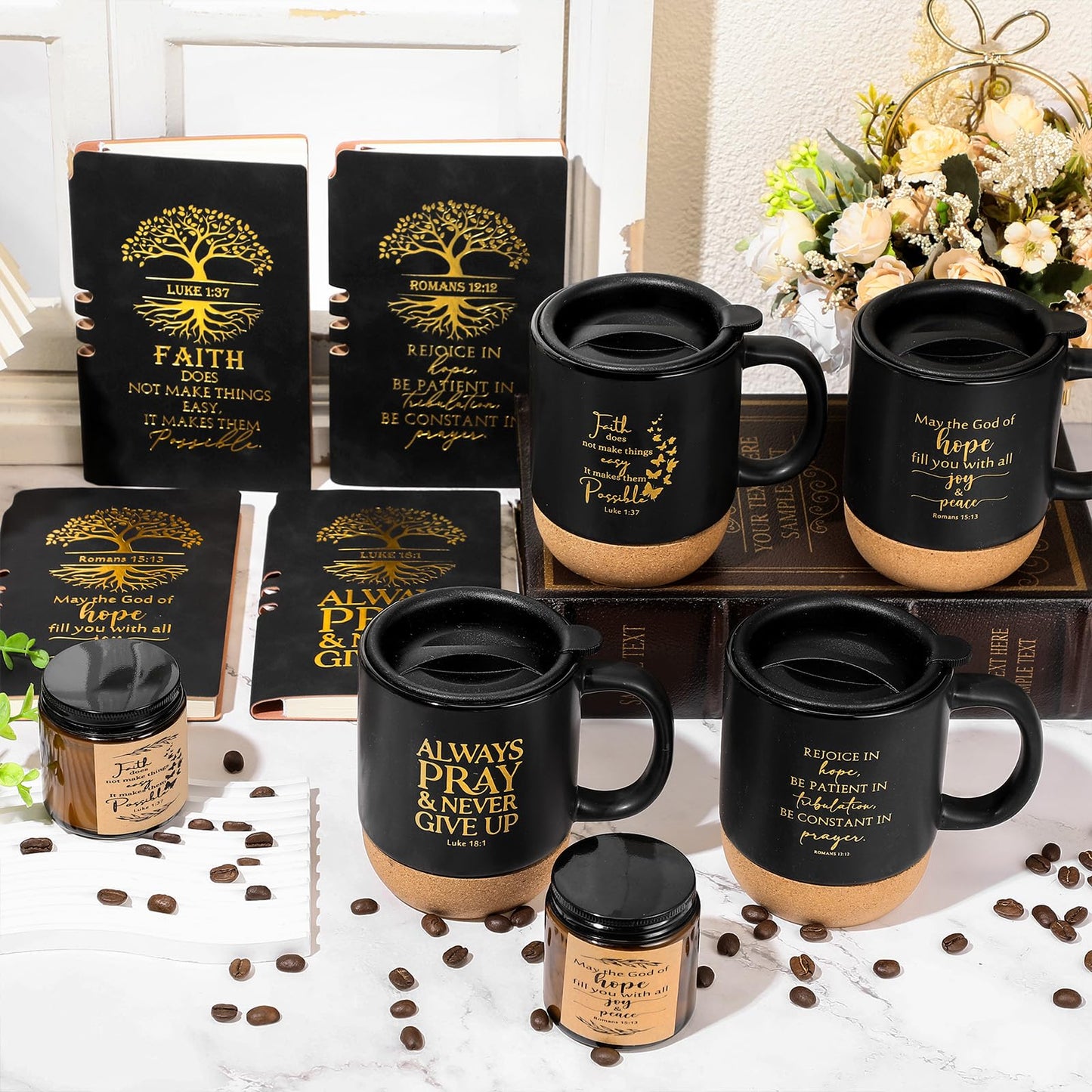 FillTouch 16 Pcs Christian Gift Church Father's Day Bulk Religious Bible Verse Prayer Journal Coffee Mug Candle Set for Man of God Pastor Father Dad Bible Study CNA Gifts (Hope,Black)