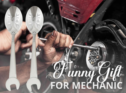 INNObeta Mechanic Gifts for Men, 2 Pcs Engraved Ice Cream Mechanic Spoons, Stainless Steel Coffee Spoon