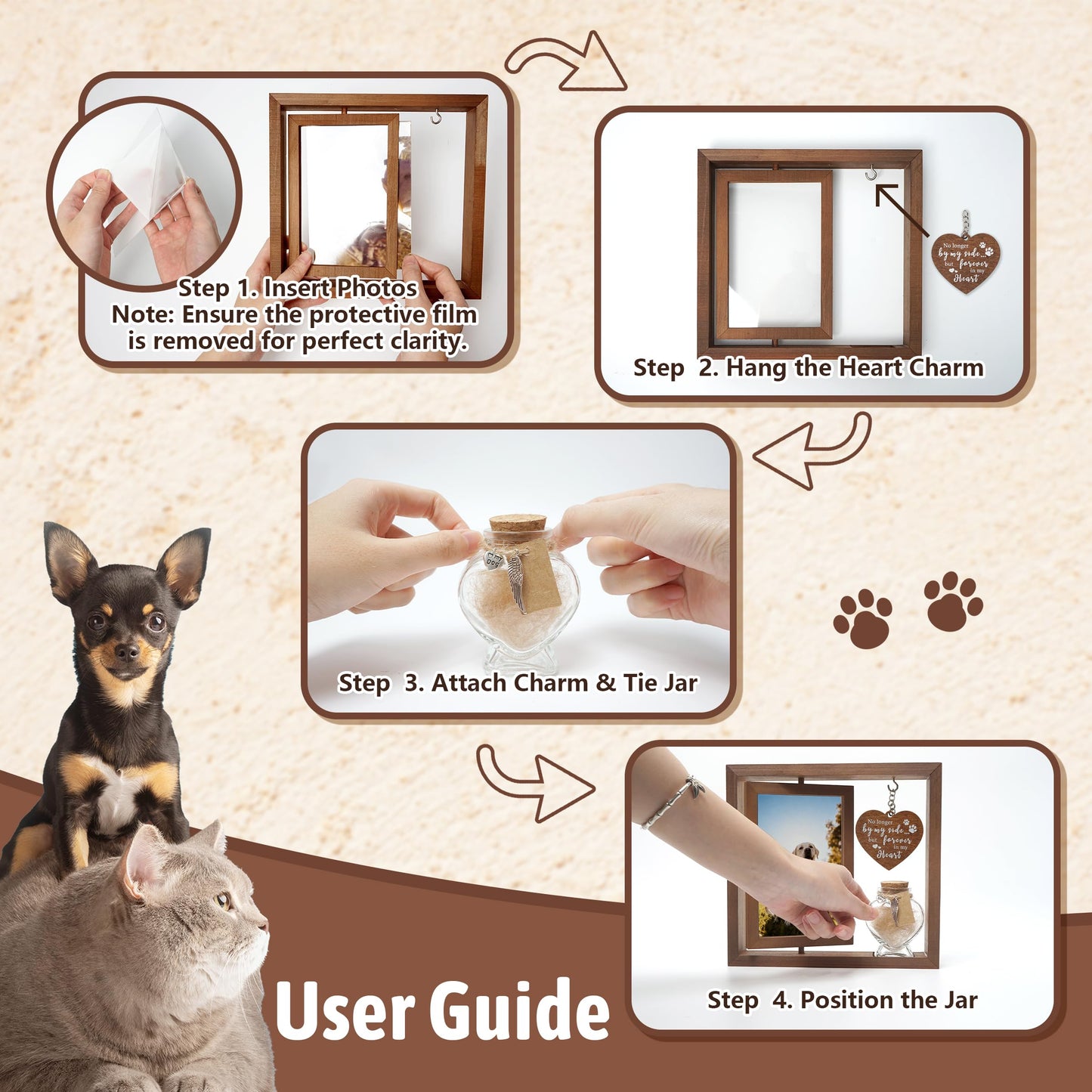 Cat Memorial Gifts for Loss of Cat - Rotating Wooden Frame for 4x6 Photo & Fur Hair Jar - Sympathy Gift for Pet Bereavement, Remembrance Keepsake - Rainbow Bridge Gift for Cat Lovers