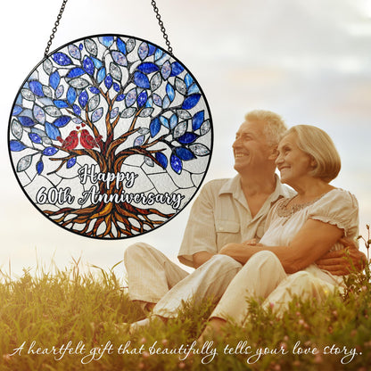 60th Wedding Anniversary Stained Glass Suncatcher, 6x6' Diamond Anniversary Decorations, 60th Celebration Marriage Gifts for Parents, Couple, Wife & Husband, 60 Wedding Milestone Keepsake