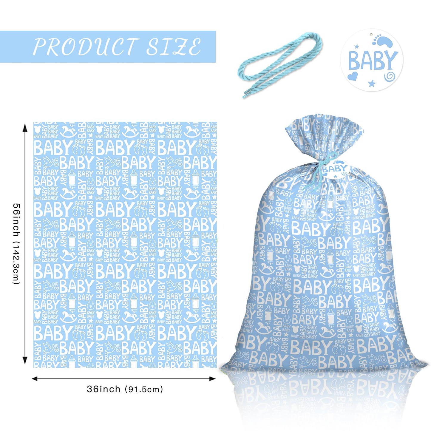 Loveinside Blue Jumbo Large Plastic Gift Bag, Baby Girl Design Plastic Bag with Tag and Tie for Birthday, Baby Shower and Holiday, 56" x 36", 1 Pcs