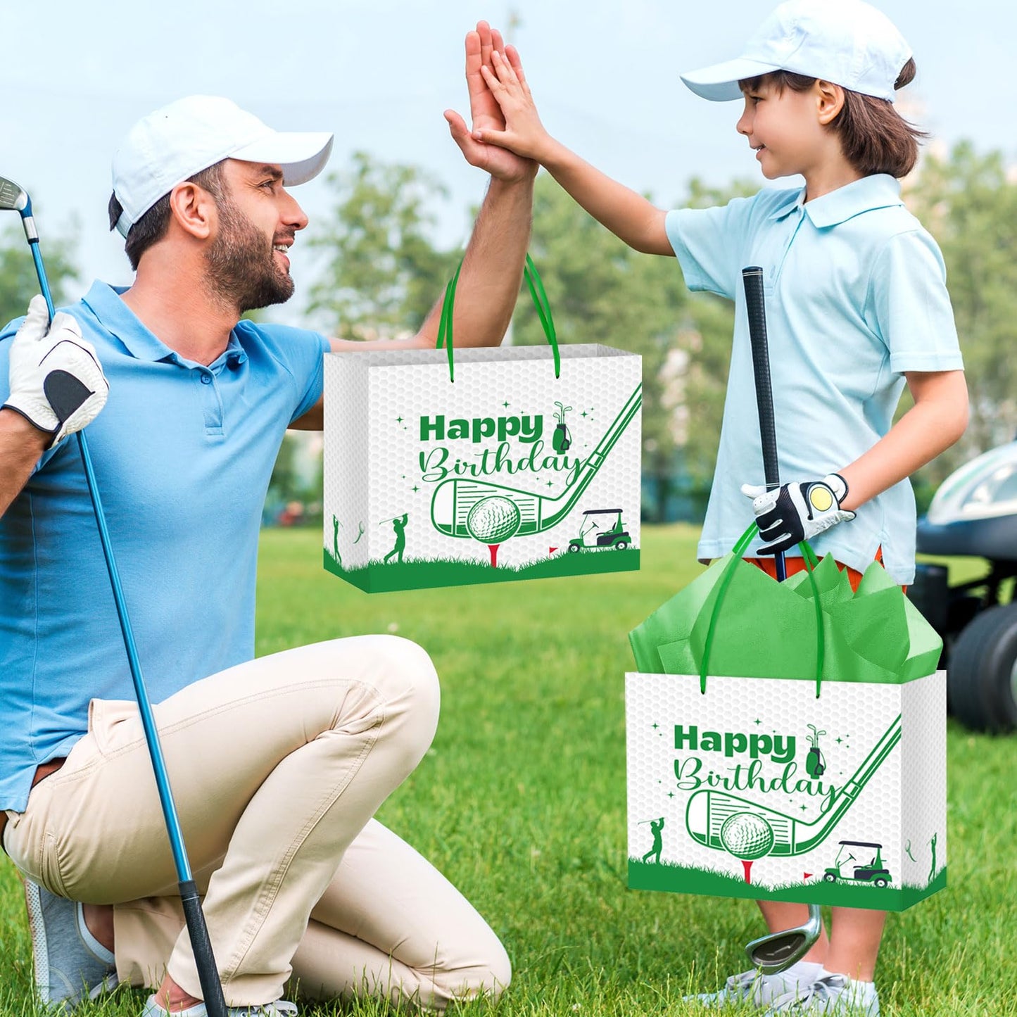 Hooqict Golf Gift Bag Happy Birthday Party Gift Bag with Handles, Wrapping Paper, Greeting Card for Boys Kids Men Golf Themed Birthday Decorations Sports Party Supplies