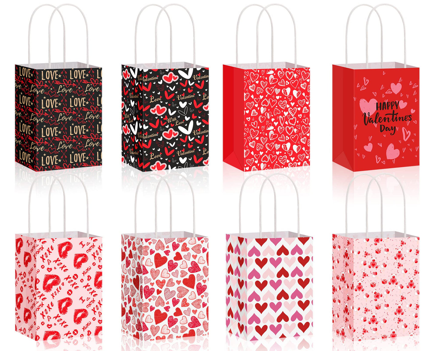 Spakon 8 Pcs Valentines Day Gift Bags Valentines Paper Gift Bags with Handles Bag for Cards, Galentines, Teacher Present, Classroom Party, Wedding Birthday Party Favor (5.5 x 4 x 2.75 Inch)