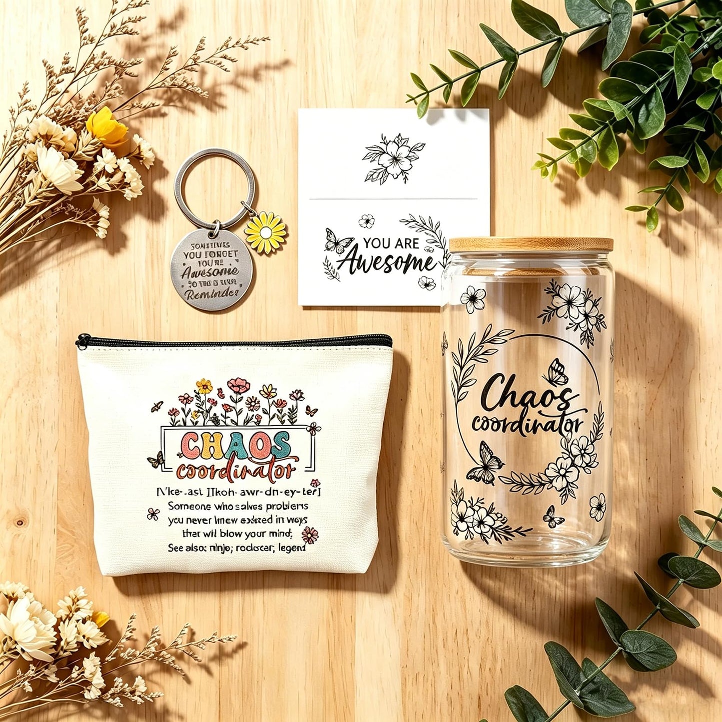 Chaos Coordinator Gifts for Women, Thank You Gift Set with 16OZ Glass Cup Makeup Bag Keychain and Card for Coworker Employee Manager Boss, Mothers Day Birthday Gifts for Mom Teacher
