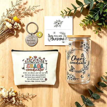 Chaos Coordinator Gifts for Women, Thank You Gift Set with 16OZ Glass Cup Makeup Bag Keychain and Card for Coworker Employee Manager Boss, Mothers Day Birthday Gifts for Mom Teacher