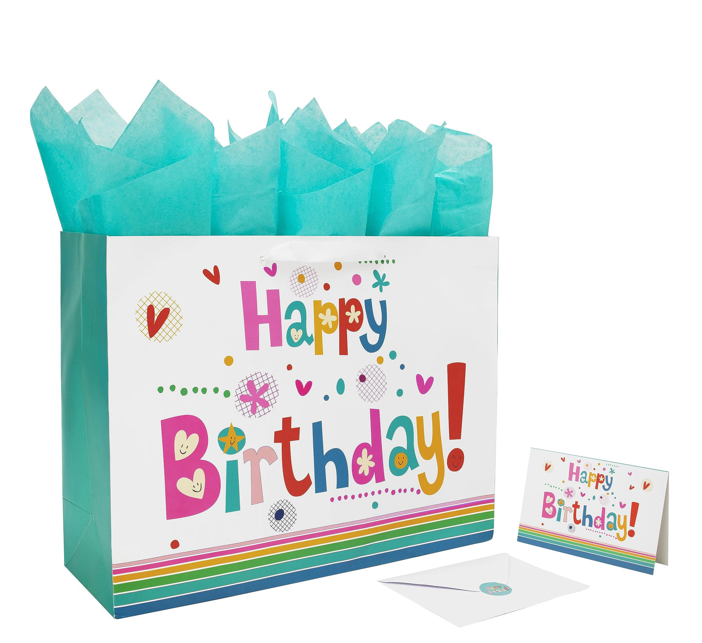 Qirrmiy 16.5” Extra Large Gift Bag Set with Greeting Card and Green Tissue Paper(Cute ‘Happy Birthday’) for Baby,Kids Birthday Party,Men and Women, Newborn,New Moms or Parents, and More