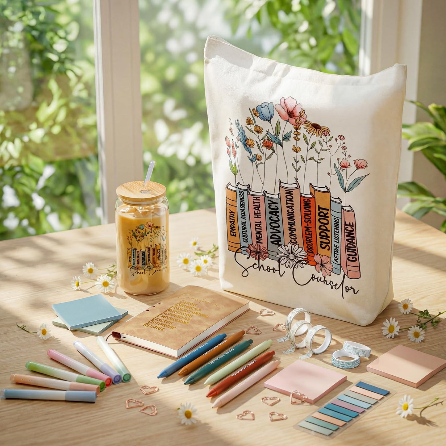 Yungyan 35 Pcs School Counselor Must Have Appreciation Gift Set 16 oz Glass Cup Tote Bag Leather Notebook Ballpoint Pen Highlighter Sticky Note Paper Clip Thank You Gift for Counselor Teacher Educator