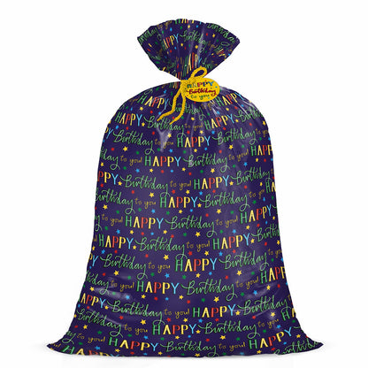 WRAPAHOLIC 56" Large Birthday Plastic Gift Bag - Colorful Happy Birthday and Stars Jumbo Bike Bag Gift Wrap for Kids Birthdays, Parties, Celebrating - 56" H x 36" W