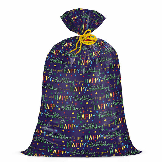WRAPAHOLIC 56" Large Birthday Plastic Gift Bag - Colorful Happy Birthday and Stars Jumbo Bike Bag Gift Wrap for Kids Birthdays, Parties, Celebrating - 56" H x 36" W