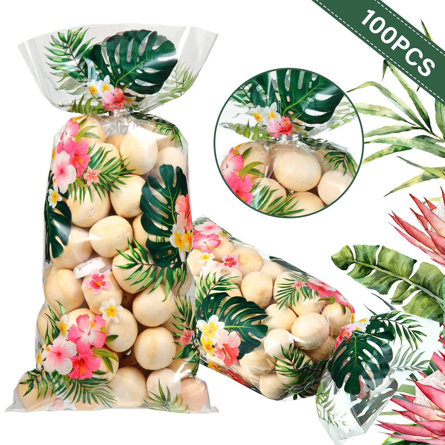 Geyee 100 pcs Hawaiian Luau Cellophane Treat Bags, Summer Tropical Aloha Themed Candy Palm Leaves Hibiscus Goodie Bag With 100 Silver Twist Ties for Kids Birthday Party Favor, Clear, 10.8x5 in
