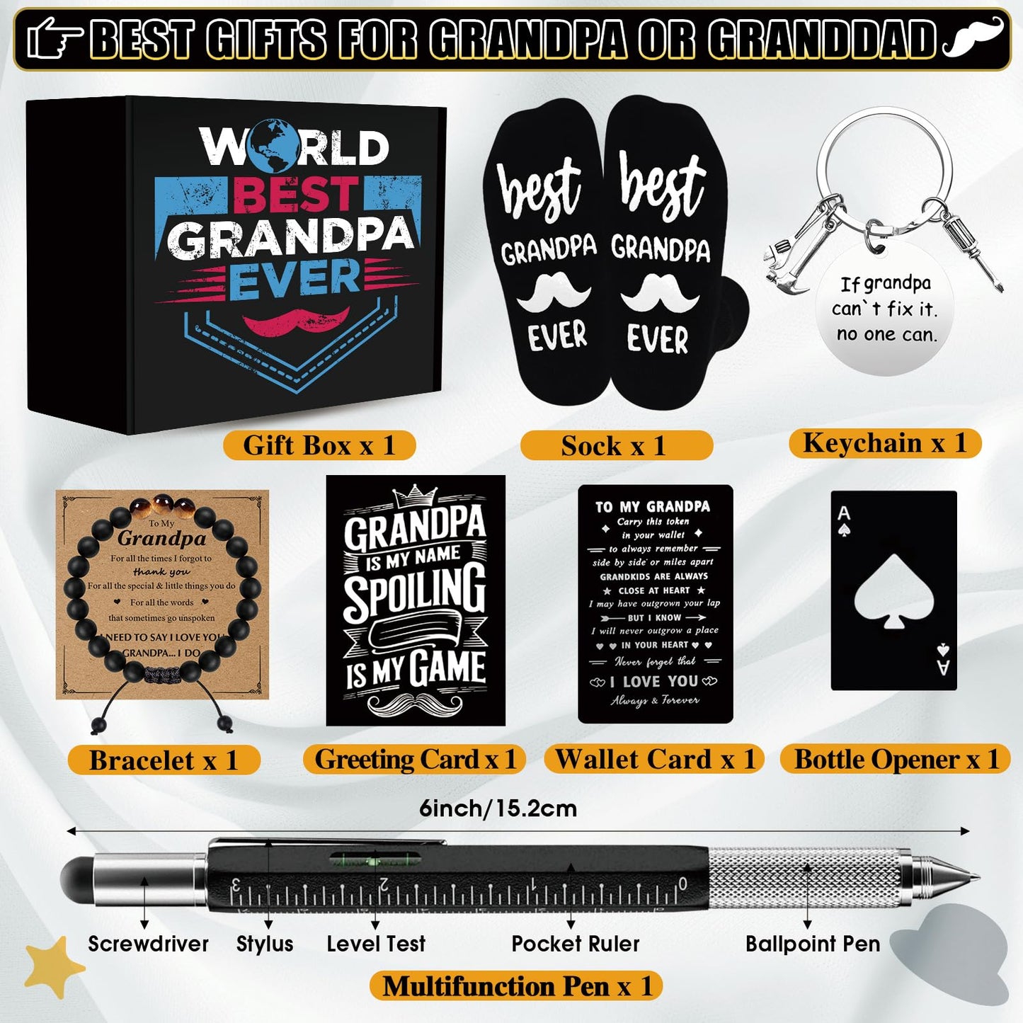 JTAMOHI 11 Pieces Grandpa Gifts, Best Grandpa Ever Gift with 20 Oz Tumbler Socks Baseball Cap Tape Measure Bracelet Wallet Card Keychain, Fathers Day Birthday Christmas Gift for Grandfather Granddad