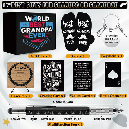 JTAMOHI 11 Pieces Grandpa Gifts, Best Grandpa Ever Gift with 20 Oz Tumbler Socks Baseball Cap Tape Measure Bracelet Wallet Card Keychain, Fathers Day Birthday Christmas Gift for Grandfather Granddad