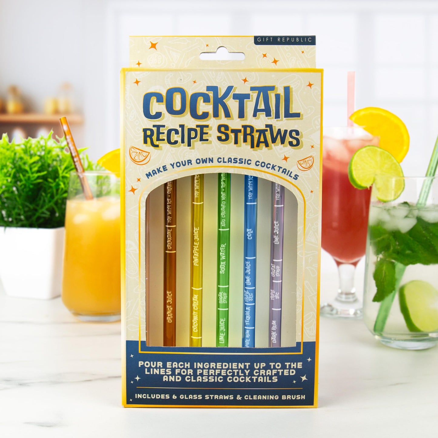 Gift Republic Cocktail Recipe Straws – Pack of 6 Reusable Glass Straws with Classic Cocktail Measurements – Includes Cleaning Brush – Fun Mixology Gift for Parties & Home Bars