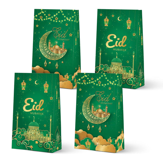 KALEFO 24 PCS Eid Mubarak Favor Gift Bags Ramadan Muslim Party Supplies Goodie Treat Bags for Candy Table Decorations Eid Birthday Celebrations Green