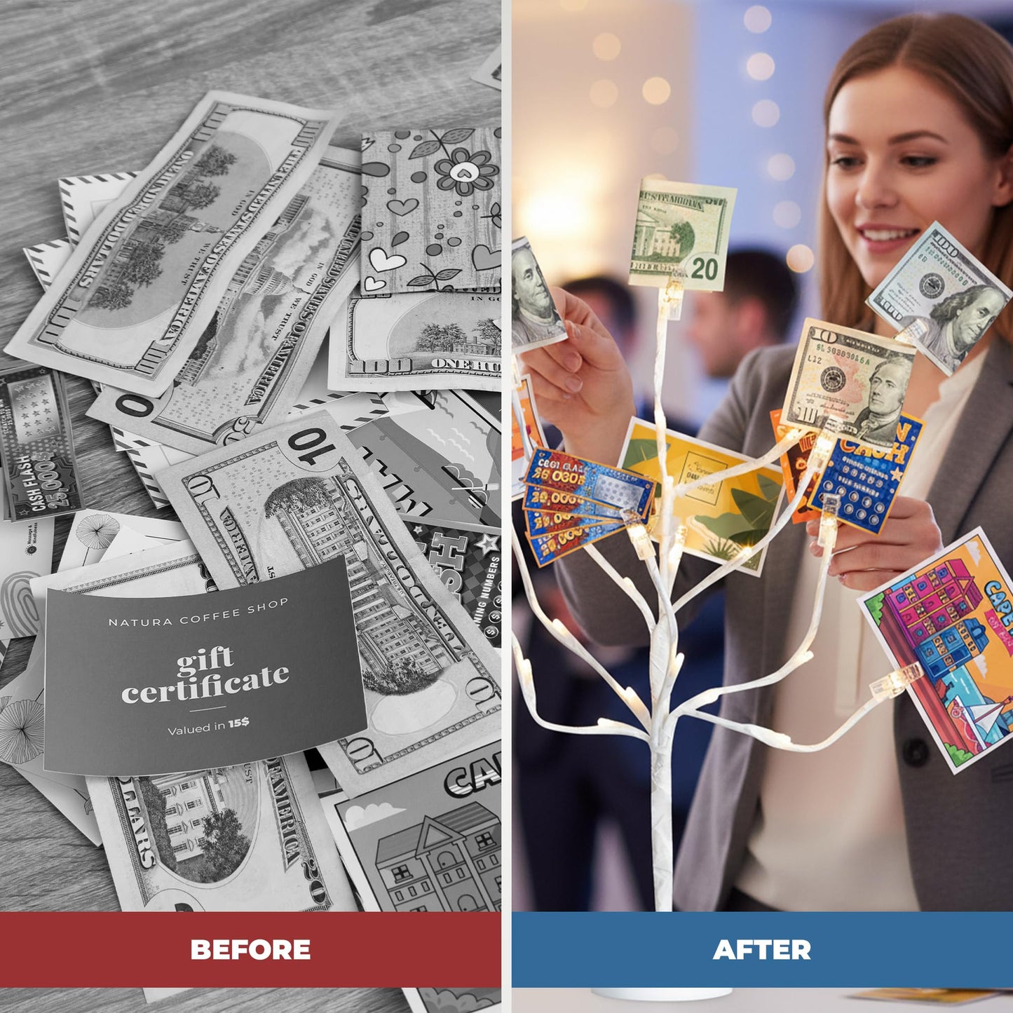 CraftyCrocodile LED Gift Card Tree Holder - Metal Display Stand with 10 Flexible Clips for Photos, Money, Lottery Tickets, Cards & Notes - 25 Warm Lights