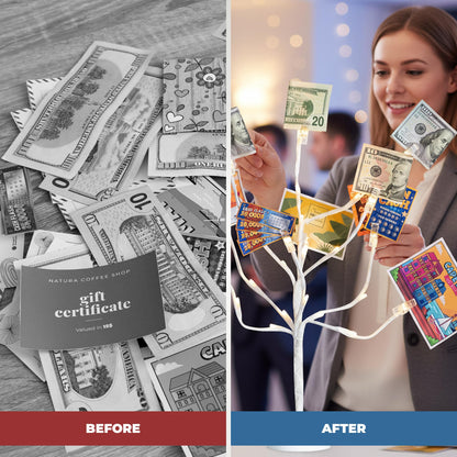 CraftyCrocodile LED Gift Card Tree Holder - Metal Display Stand with 10 Flexible Clips for Photos, Money, Lottery Tickets, Cards & Notes - 25 Warm Lights