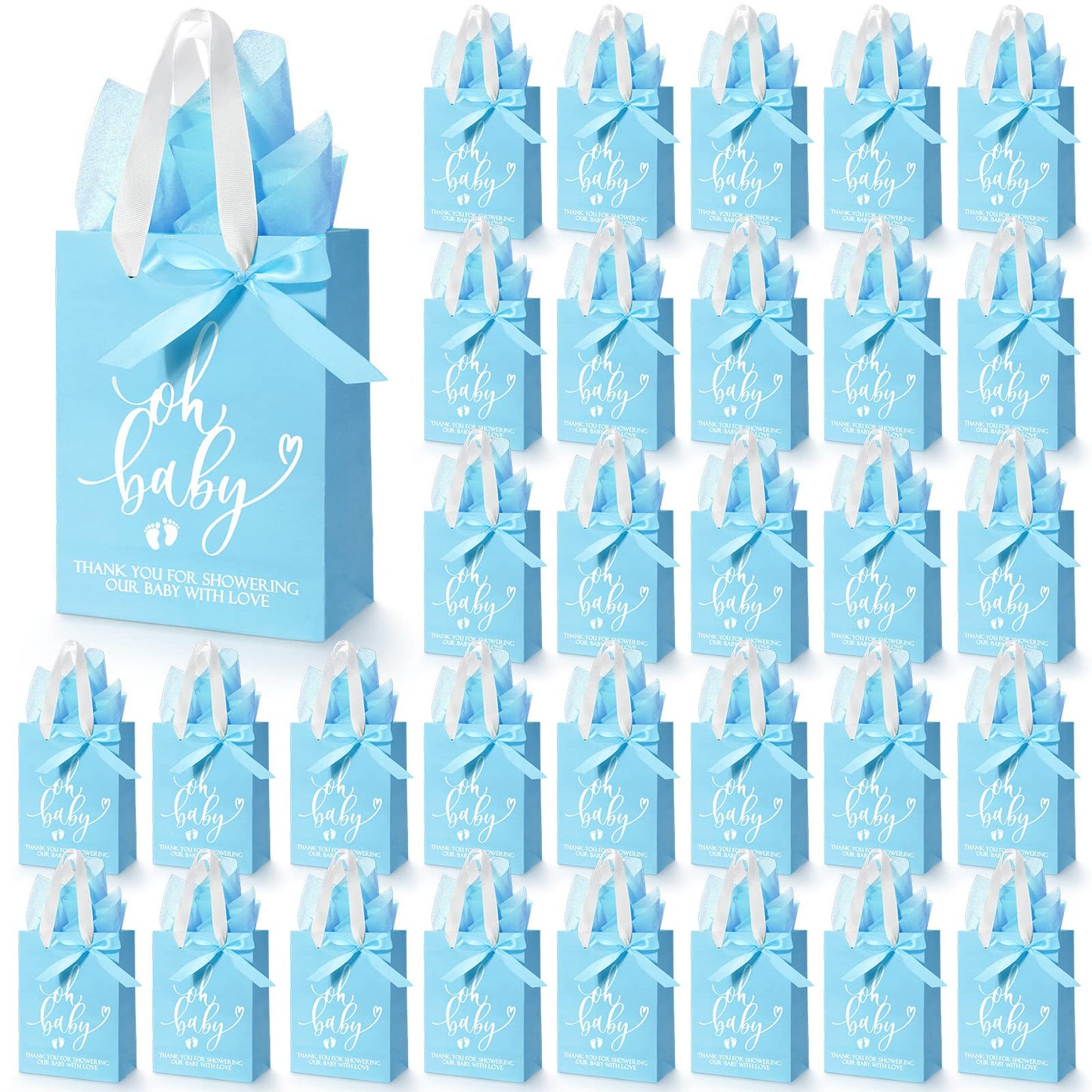 PerKoop 50 Packs Baby Shower Gifts Bags Bulk Baby Shower Favor Bags with Handle Paper and 50 Sheets Decorative Tissue Paper for Guests Gifts Gender Reveal(Blue)