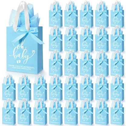 PerKoop 50 Packs Baby Shower Gifts Bags Bulk Baby Shower Favor Bags with Handle Paper and 50 Sheets Decorative Tissue Paper for Guests Gifts Gender Reveal(Blue)