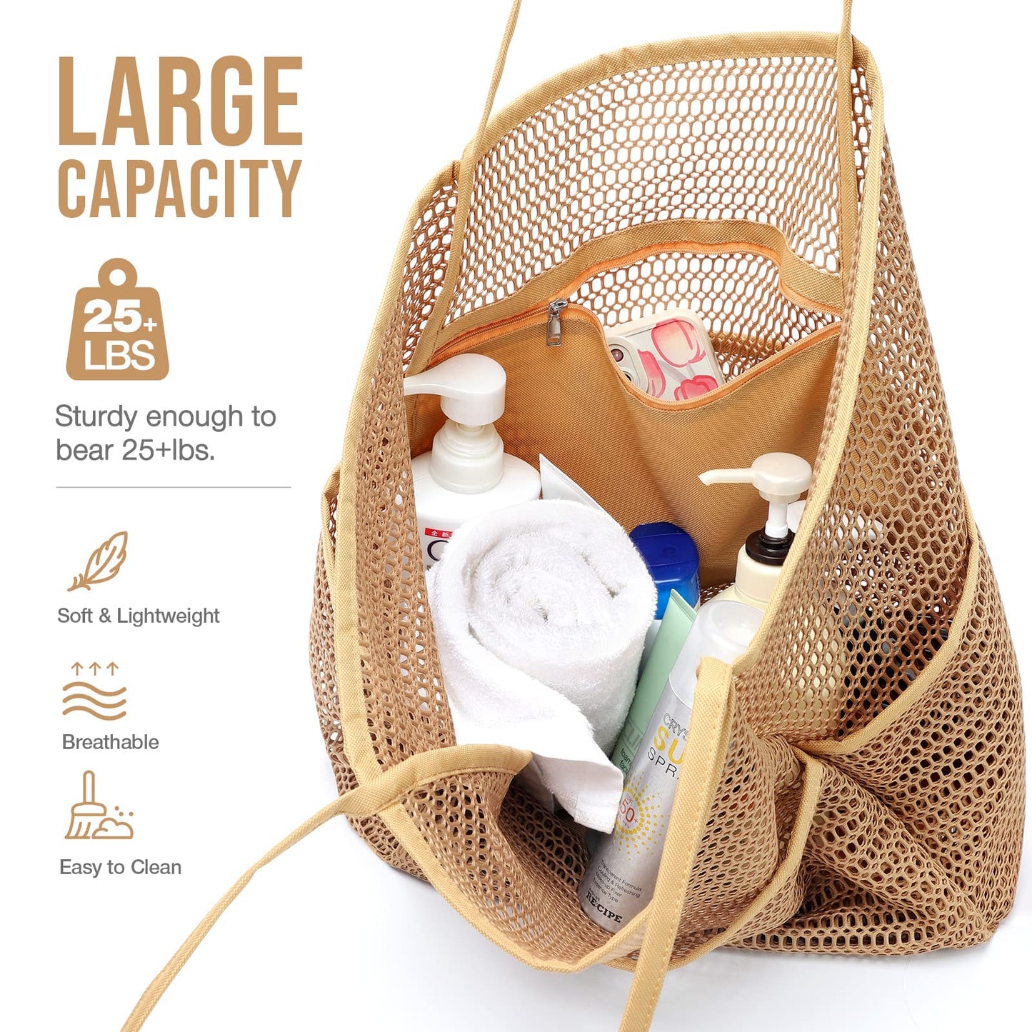 KPX Beach Bag with Mini Pocket, Summer Beach Tote Bags for Women Large Foldable Mesh Swimming Pool Travel Bags - Sandproof