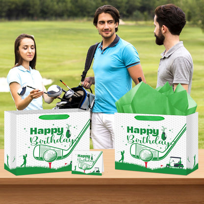 Abilat Large Golf Birthday Gift Bag with Tissue Paper and Greeting Card Reusable Golf Birthday Party Favors Wrapping Bag for Boys Men Sports Themed Party Decoration Supplies