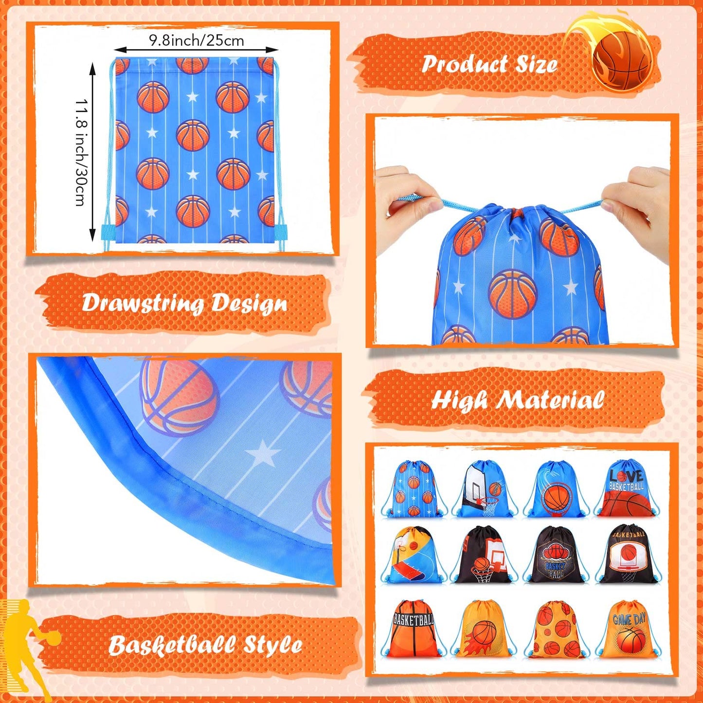 Shappy 12 Pack Basketball Drawstring Bags Party Favors, Basketball Goodie Backpack, Sports Drawstring Gift Bag for Birthday Party, School, Gym, Travel