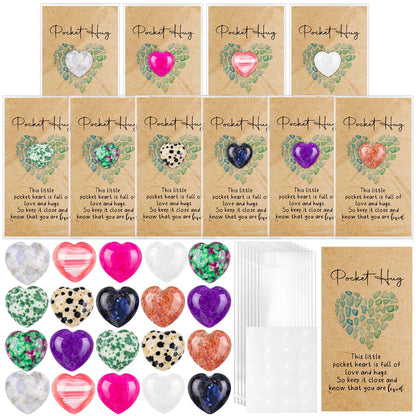 Nosiny 30 Sets Heart Stones Bulk Gift for Women Pocket Hug Token Gift Cards 0.8'' Natural Heart Crystals and Healing Stones with Card Mental Health Favor for Graduation Teacher Nurse Friend Coworker