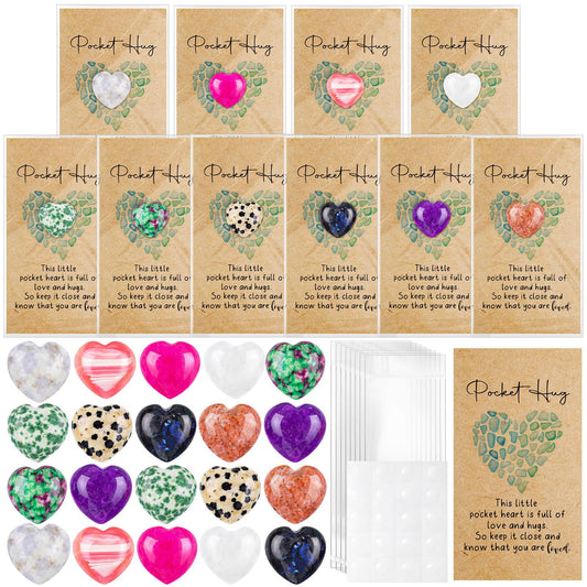 Nosiny 30 Sets Heart Stones Bulk Gift for Women Pocket Hug Token Gift Cards 0.8'' Natural Heart Crystals and Healing Stones with Card Mental Health Favor for Graduation Teacher Nurse Friend Coworker