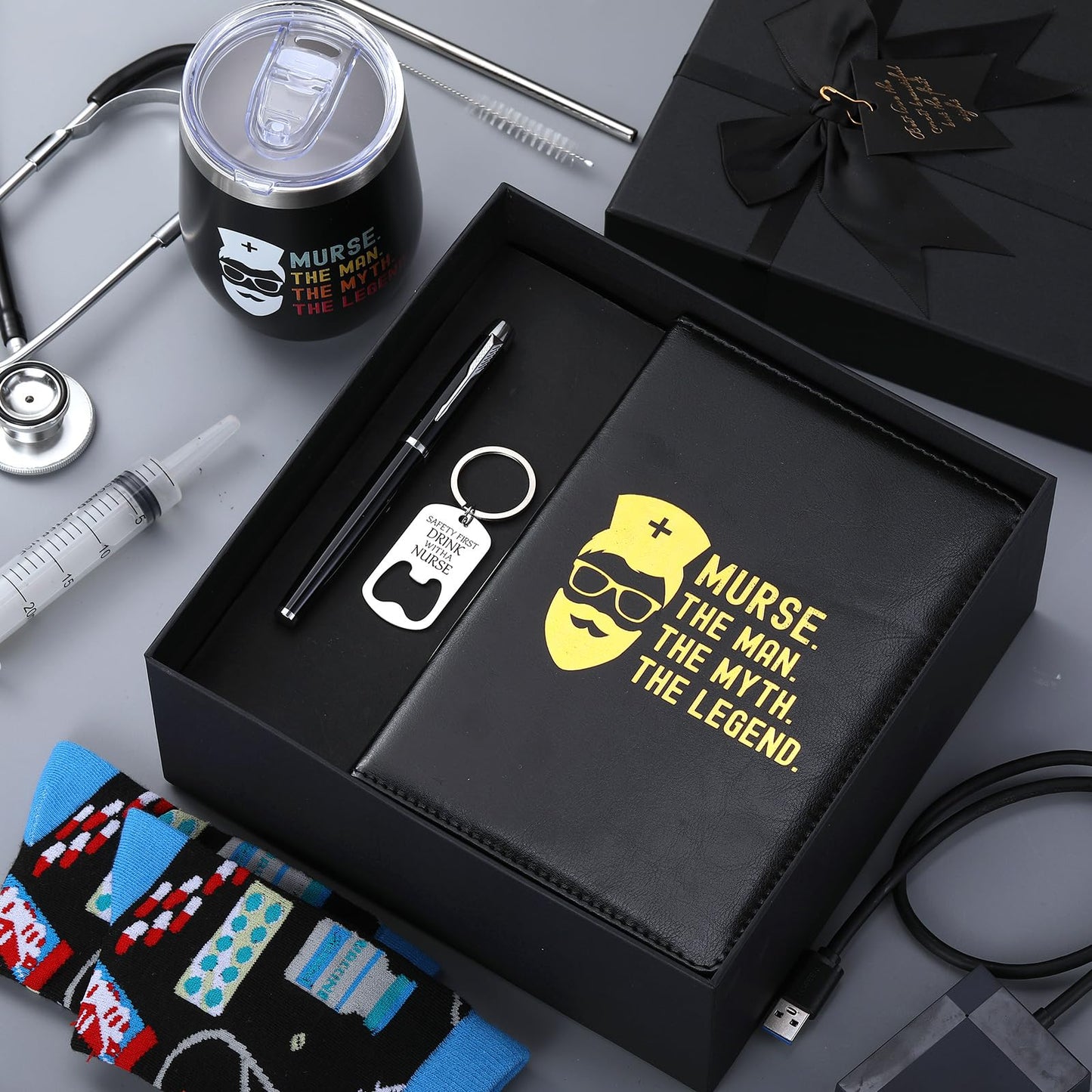 Reallnaive 6 Pcs Nurse Gifts for Men Nurse Week Appreciation Gifts 12 oz Stainless Steel Cup Socks Keychain Pen Notebook Box for Male Rn Cna Lpn Rg Practitioner Medical Assistant Nursing