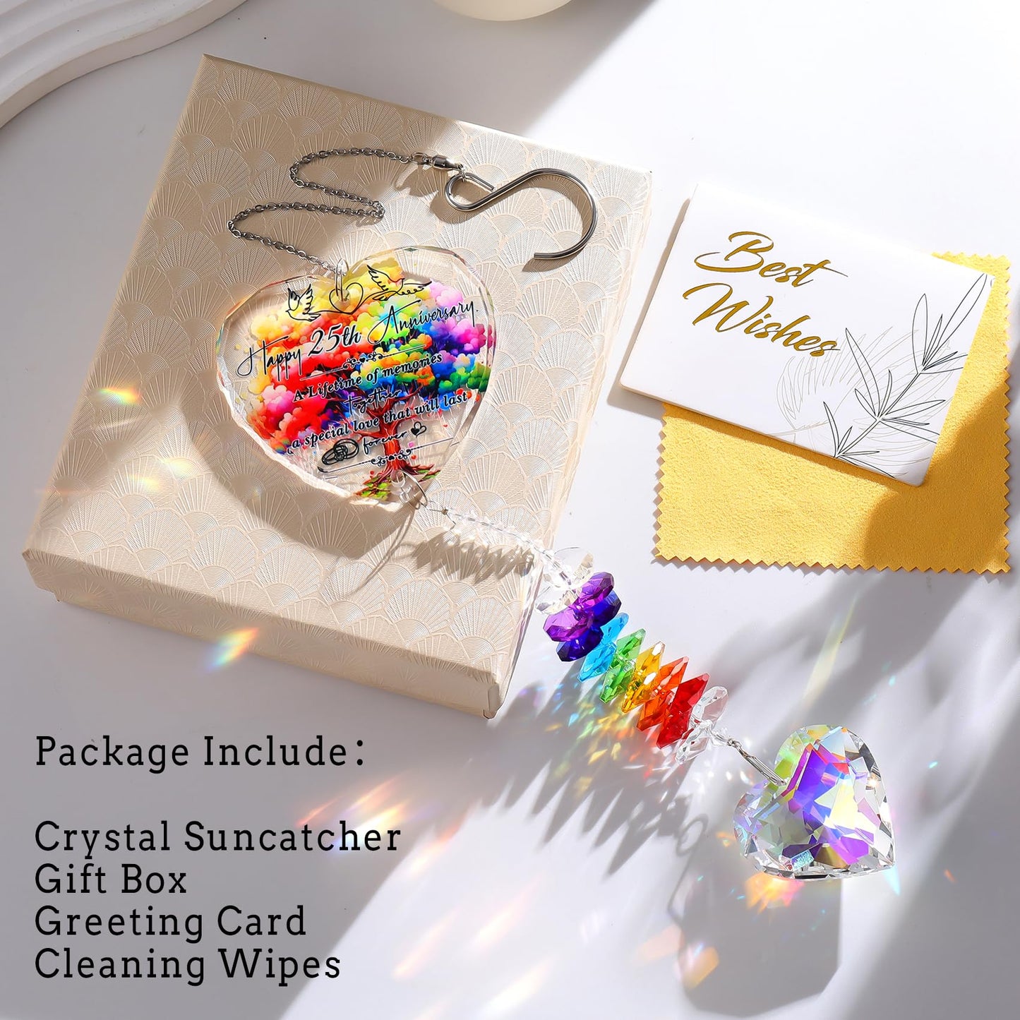 25th Anniversary Suncatcher Gifts for Couples, Wife, 25 Years of Marriage Crystal Hanging Heart Rainbow Maker Keepsake Home Garden Decor