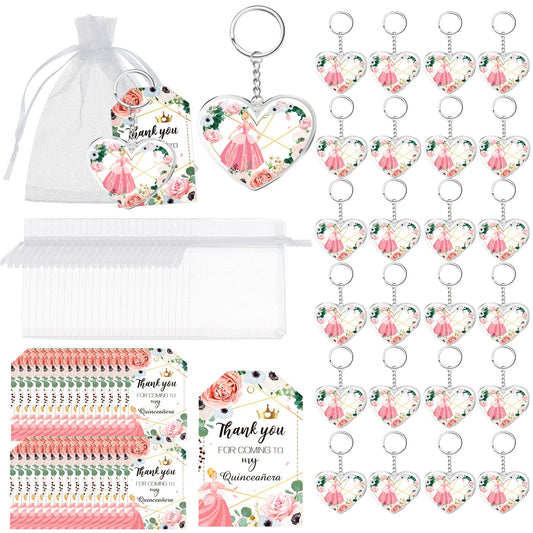 Sureio 38 Sets Quinceanera Party Favors for Guests Pink Heart Keychain Quinceanera Gifts for Girl Princess 15th Birthday Shower Quince Party Decorations with Organza Bags and Thank You Tags