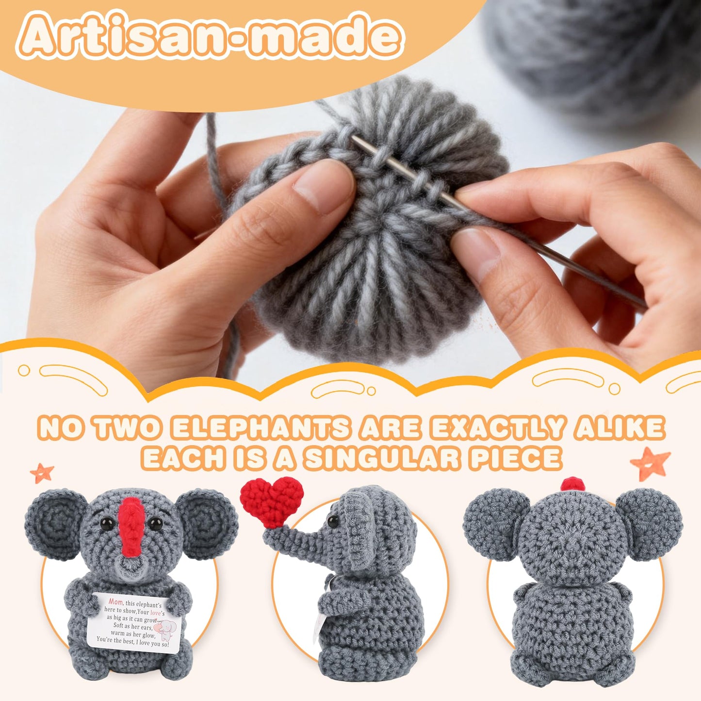 Positive Crochet Elephant Inspirational Christmas Birthday Gifts for Women Men Emotional Support Stocking Stuffers White Elephant Gifts Cute Decor for Mom Dad Daughter Sister Friend (Common)
