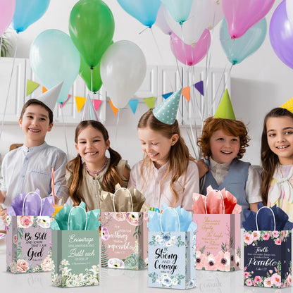 24Pcs Religious Christian Gift Bags Spring Classic Bible Verse Floral Paper Bags Inspirational Motivational Flower Treat Bag with Tissues Christian Church Gifts for Women Wedding Baptism Birthday Part