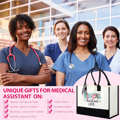 Skylety 9 Pcs Nurse Medical Assistants Gift Set for Women Trapezoid Grocery Canvas Tote Bags with Handle Glass Jar Tumbler Scented Candle Badge Reel Socks Novelty MA Nurse Week Appreciation Gift