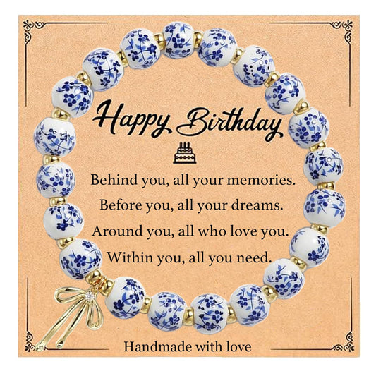 Birthday Gift for Women Unique, Birthday Decorations Gifts Ideas Vintage Blue and White Porcelain Bead Bracelet for Her Daughter Friend Sister Mother Wife Grandma Granddaughter