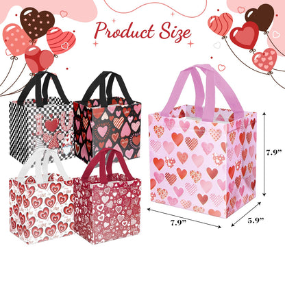 XiaosRen 10PCS Love Heart Valentine's Day Reusable Gift Bags, Non-Woven Valentines Tote Bags with Handles for Presents Wrapping, Kids Valentine Party Favor.