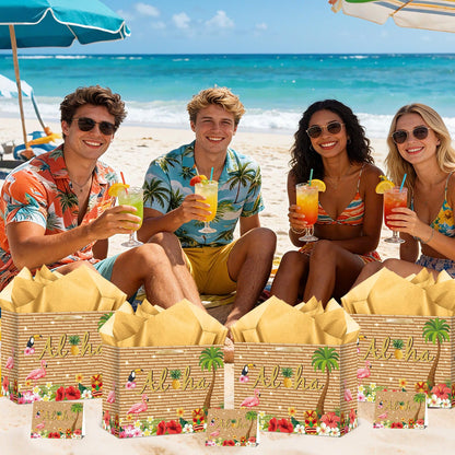 Hawaiian Gift Bag Luau Tiki Party Decorations Wood grain Hawaiian Gift Bag with Tissue Paper and Card Flamingo Beach Wrapping Bags for Tropical Summer Beach Pool Birthday Party Decorations