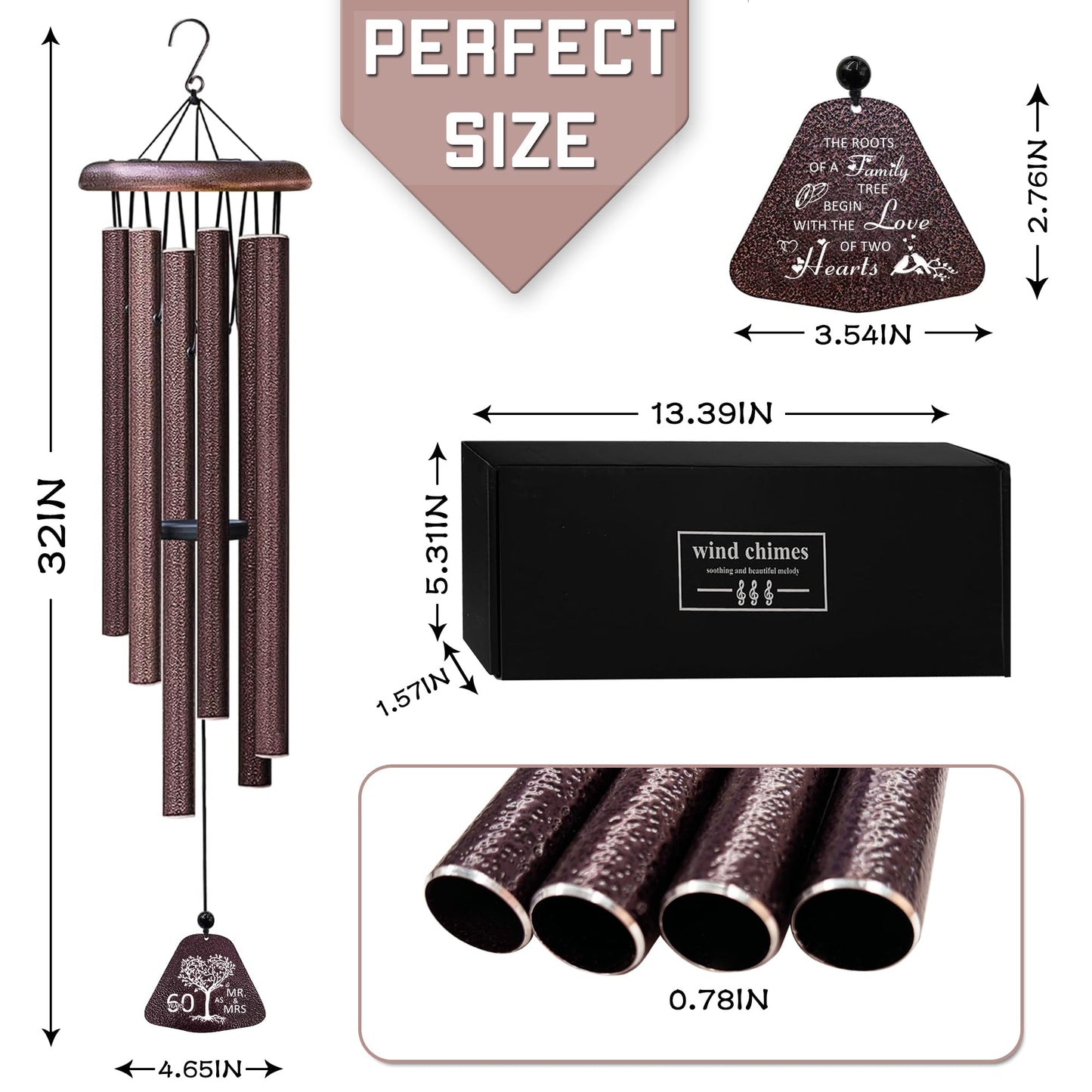 60th Wedding Anniversary Wind Chimes Gifts, Happy 60th Anniversary Decorations Gift for Parents Couple Husband Wife, Romantic 60 Year Anniversary's Keepsake Ideas Wind Chimes for Outside 32"