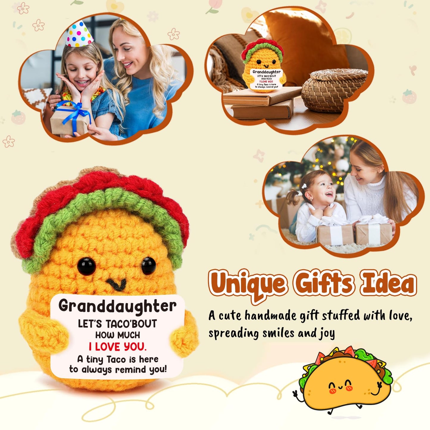 Granddaughter Gifts from Grandma, Teen Girls Kids Easter Basket Stuffers Year Old Age Teenage Gift Granddaughter Birthday Graduation Confirmation Christmas Valentines Handmade Crochet Taco Gifts