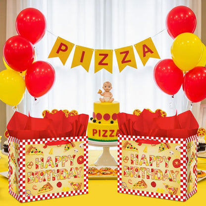 Woosytoo Pizza Birthday Decorations Bag Large Pizza Happy Birthday Paper Bag with Tissue Paper Card Pizza Bday Party Supplies for Kids Festival Bday Cooking Italy Theme Party Supplies