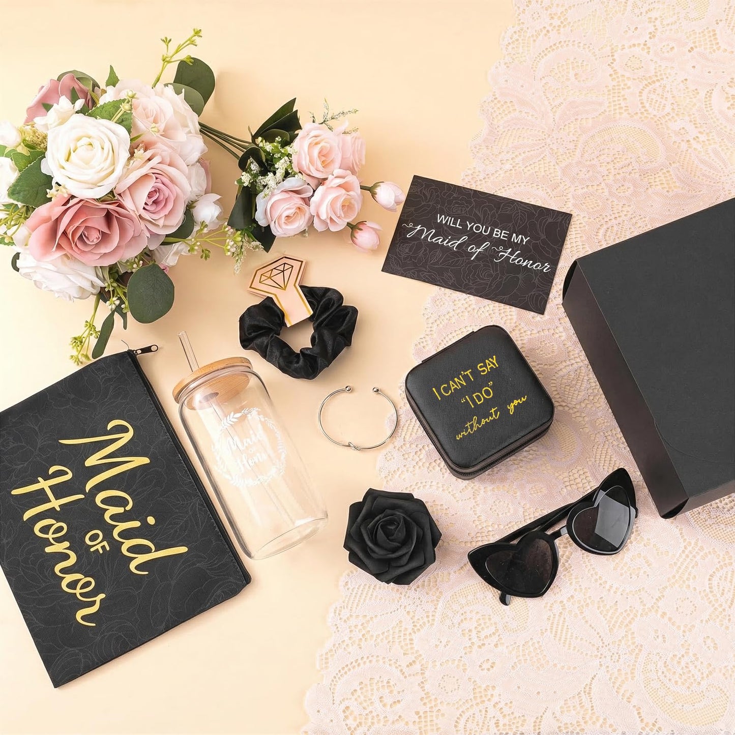 9 Pcs Maid of Honor Gifts - Will You Be My Maid of Honor Kit with Elegant Box Jewelry Box Glass Cup Invited Cards Knotted Bracelets Sunglasses Scrunchies Raffia Grass