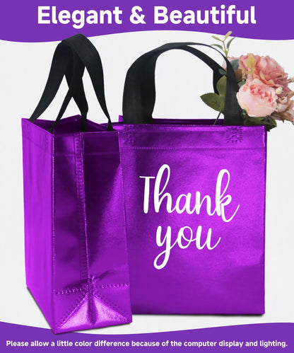 12 Purple Gift Bags with Tissues - Medium Sturdy Reusable Metallic Non-Woven 8x4x10 for Easter, Mother's Day, Graduations, Weddings & Birthdays