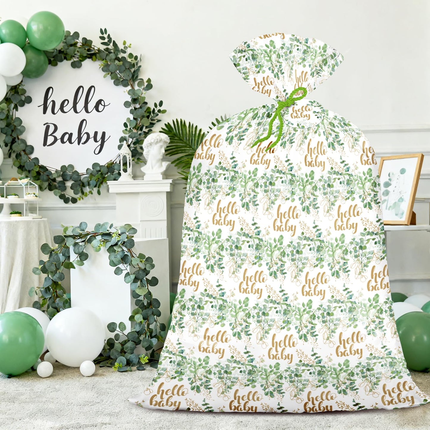 WRAPAHOLIC 56" Extra Large Neutral Baby Plastic Gift Bag - Eucalyptus Leaves Jumbo Bike Bag Gift Wrap for Baby Shower Favors Holiday - 56" H x 36" W