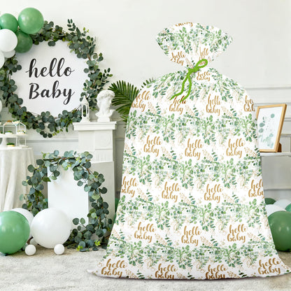 WRAPAHOLIC 56" Extra Large Neutral Baby Plastic Gift Bag - Eucalyptus Leaves Jumbo Bike Bag Gift Wrap for Baby Shower Favors Holiday - 56" H x 36" W