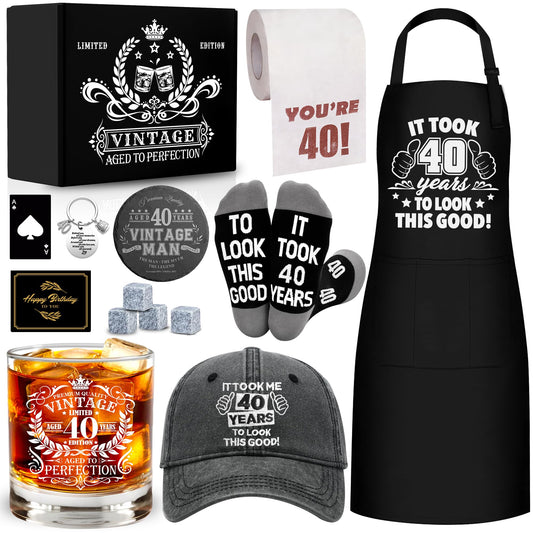 40th Birthday Gifts for Men Whiskey Glass Set, 40th Birthday Party Supplies with 11 Oz Whiskey Glass Coaster Stone Baseball Cap Apron Sock Toilet Paper Keychain for Him, Dad, Husband, Friends