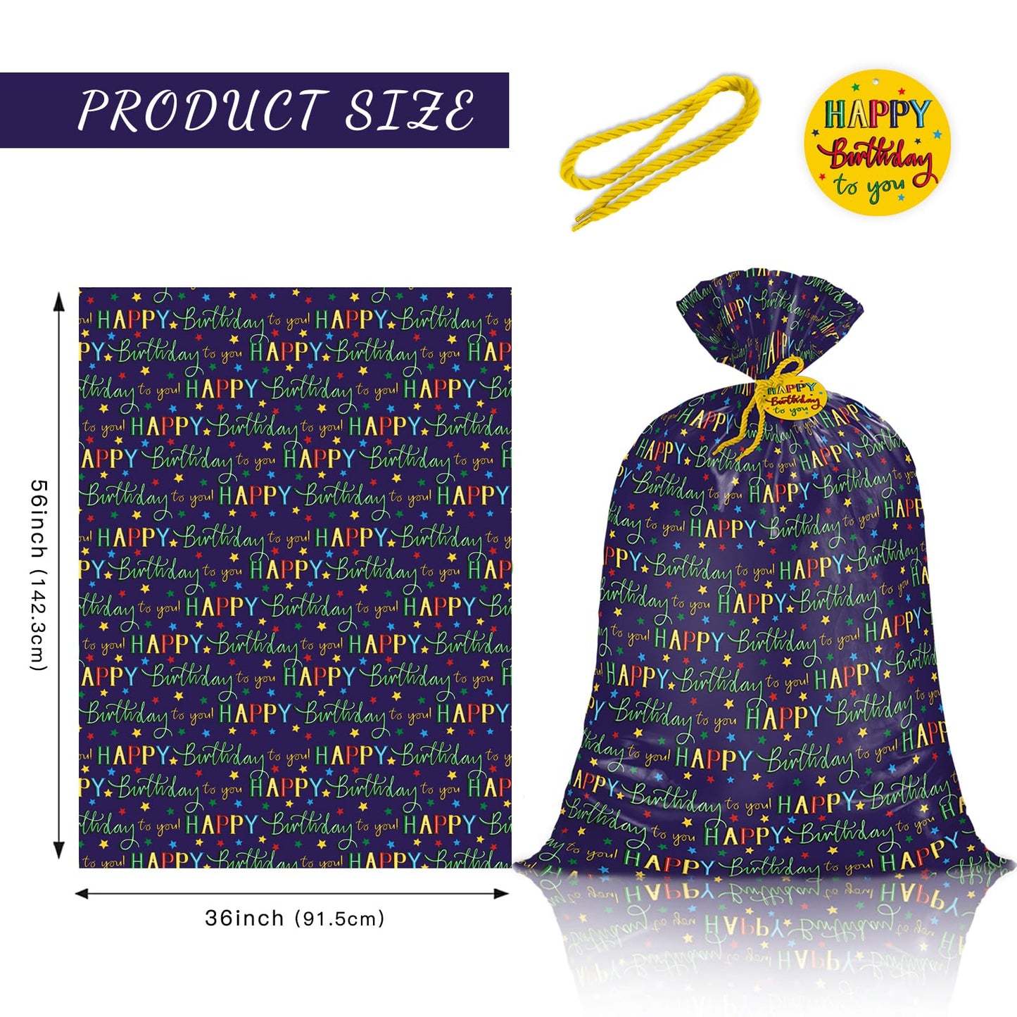 WRAPAHOLIC 56" Large Birthday Plastic Gift Bag - Colorful Happy Birthday and Stars Jumbo Bike Bag Gift Wrap for Kids Birthdays, Parties, Celebrating - 56" H x 36" W