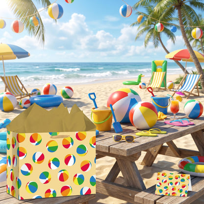 Woosytoo Beach Ball Gift Bag with Tissue Paper and Card - Colorful Summer Pool Party Gift Wrapping Bag - Hawaiian Luau Theme Birthday Present Sack for Kids Boys Girls Women Men