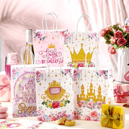 Kosiz 24 Pcs Princess Party Favors Bags Paper Little Princess Gift Goodie Bags with Handles Pink Floral Castle Crown Carriage Candy Treat Pouch for Girls Birthday Baby Shower Party Decoration Supplies